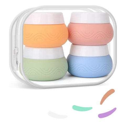Lyrovo 30ml Silicone Travel Containers for Toiletries, Set of 4 - BPA-Free Leakproof Refillable Cosmetic Jars with Clear Bag, Name Stickers, and Scoops for Face, Hand & Body Creams (Pastel)