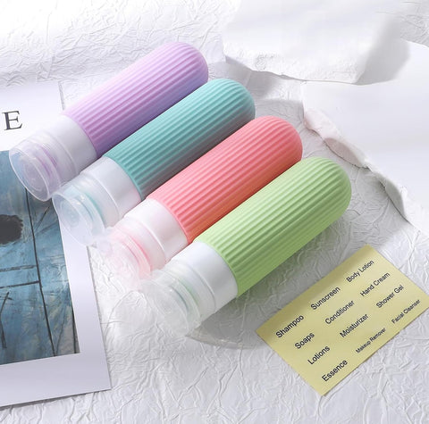 Lyrovo Travel Bottles Kit for Toiletries Organizer BPA Free 90ml Silicone Size Containers Portable Split Bottle Accessories for Conditioner Shampoo Lotion - 4 Pack (Bright)