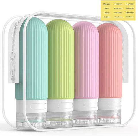 Lyrovo Travel Bottles Kit for Toiletries Organizer BPA Free 90ml Silicone Size Containers Portable Split Bottle Accessories for Conditioner Shampoo Lotion - 4 Pack (Bright)