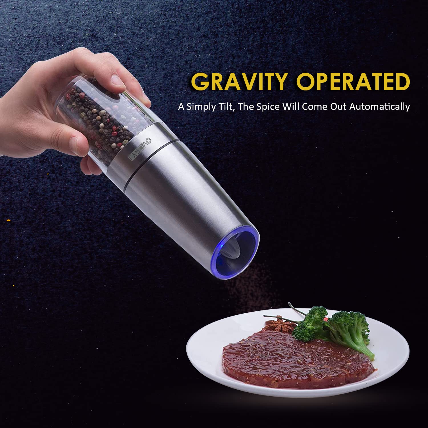 Premium Electric Gravity Style Salt And Pepper Grinder Set with Blue LED  Light by OPUX  Battery Powered Shakers, Automatic Single Hand Operation,  Adjustable Coarseness, Set of 2 Mills 