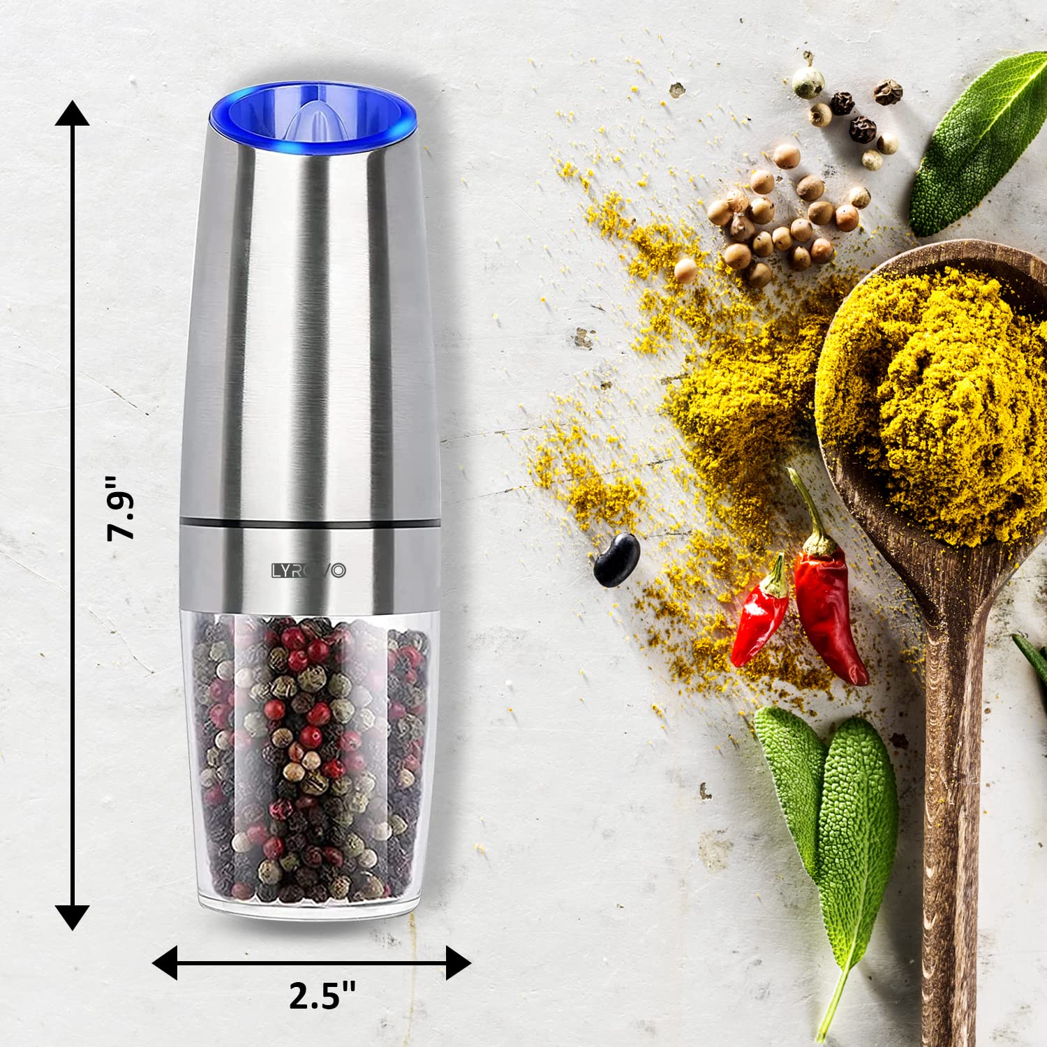 Premium Electric Gravity Style Salt And Pepper Grinder Set with Blue LED  Light by OPUX  Battery Powered Shakers, Automatic Single Hand Operation,  Adjustable Coarseness, Set of 2 Mills 